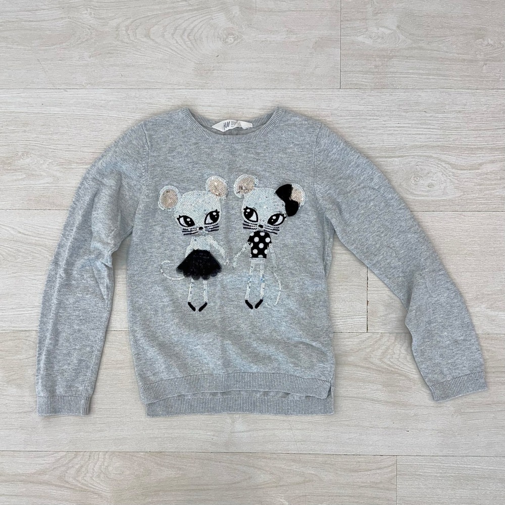 H&M Sequin Mice Sweater Girls 8-10Y Grey Knit Sparkle Animal‎ Graphic Pullover